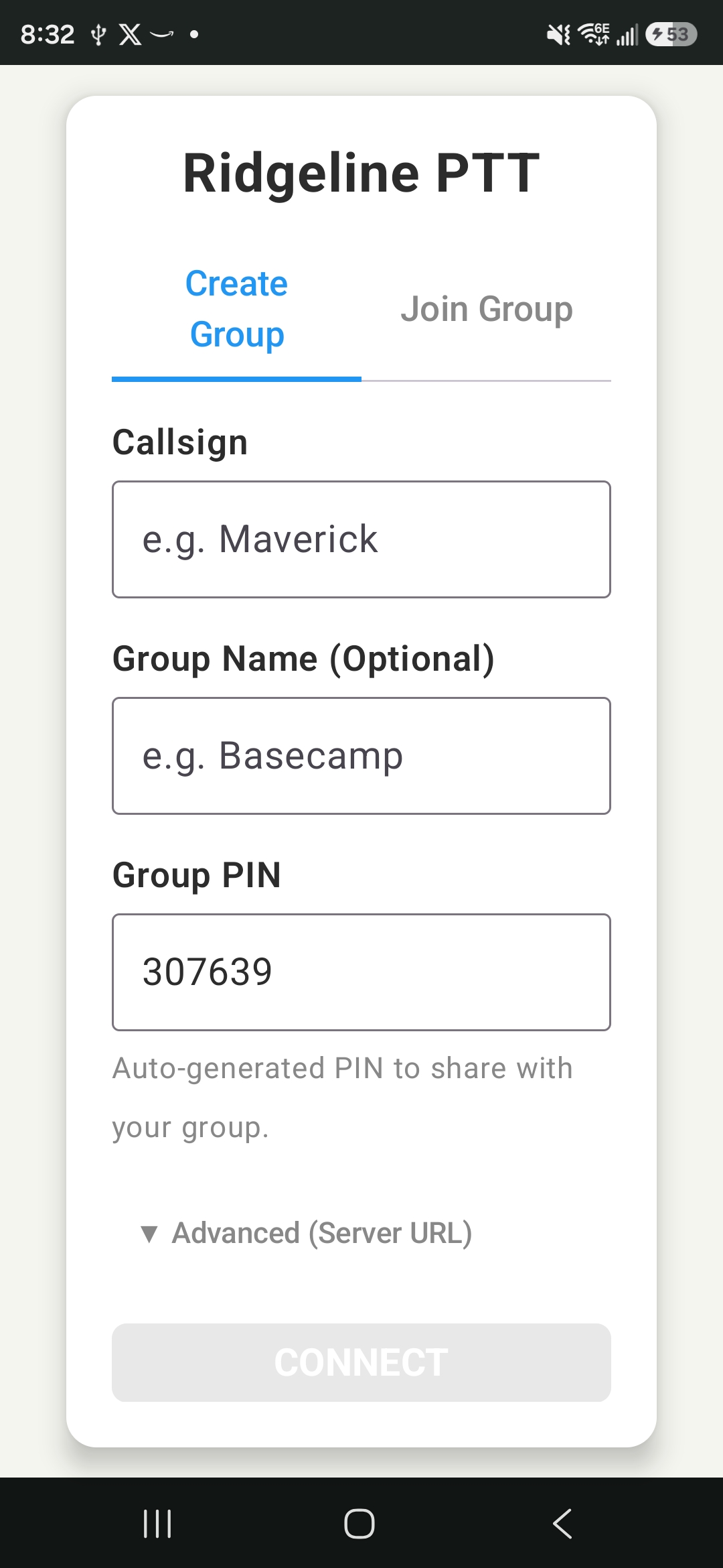Ridgeline PTT app screen showing a live team communication interface